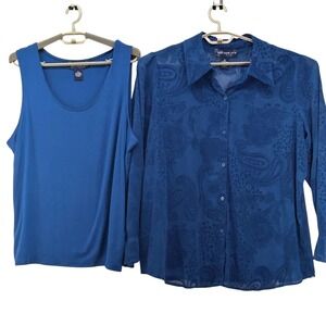 Susan Graver Womens Button Up Top Size 1X‎ Teal Velvet Burnout Twinset Paisley